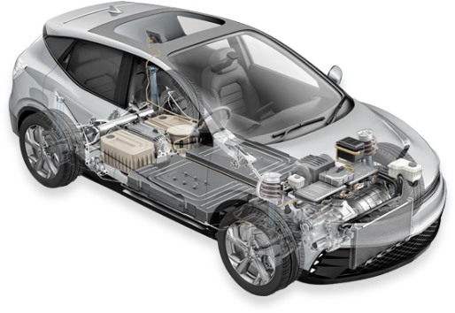 a car in a transparent cross-section view with main internal components shown